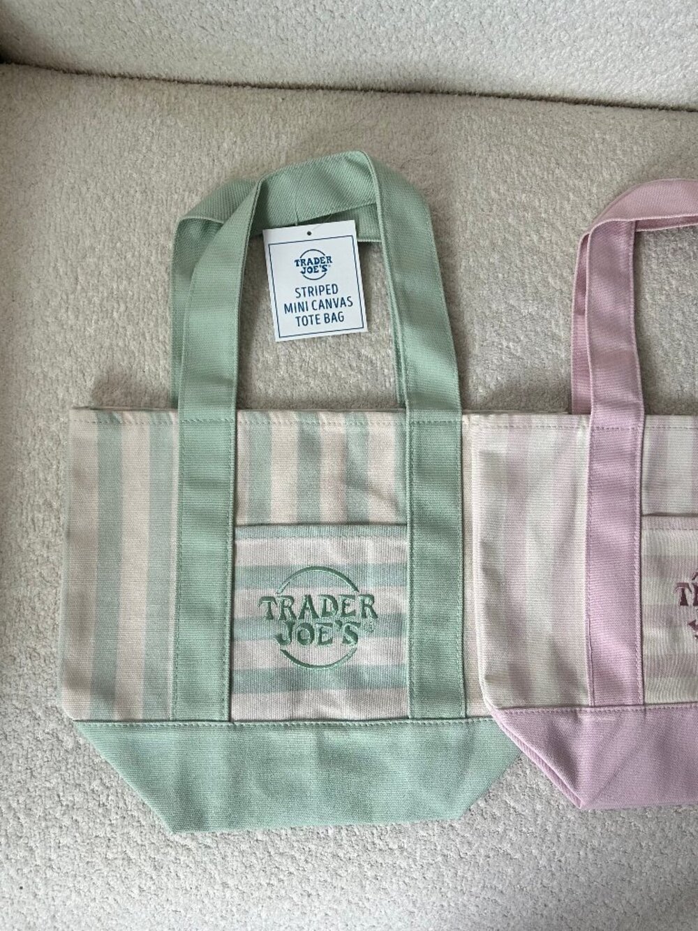 Trader Joe's Set of 2 Striped Mini Canvas Tote Bags Pink & Mint NWT - Picture 3 of 7